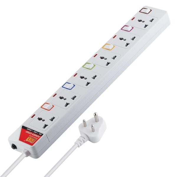 MX 6 Outlet Power Strip with Universal Socket & LED Indicator Individual Color Switch with Circuit Breaker Protection Spike Guard Extension Board with Child Safety Shutter, 1.5 Meter (White)
